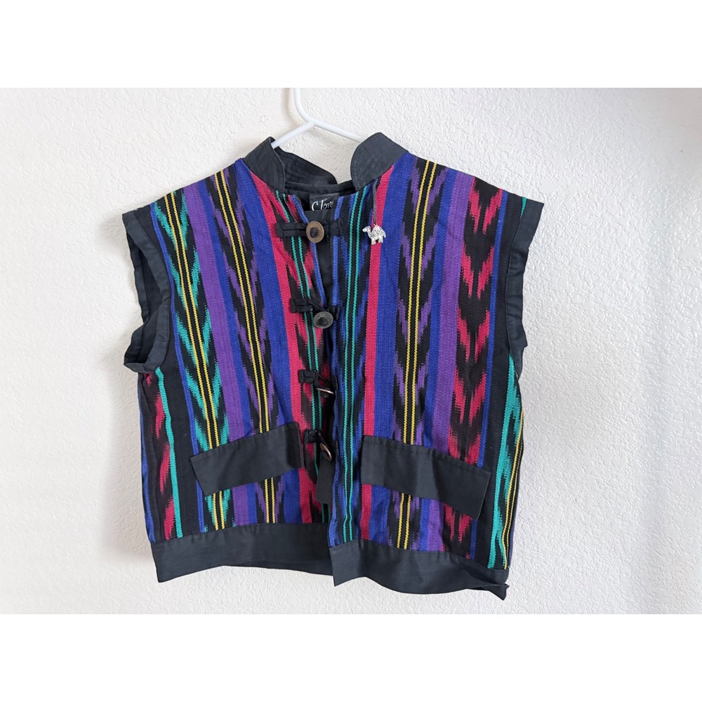 C. Jones Designs Guatemalan Cotton Vest Multi Color Ikat Toggle Button S/M